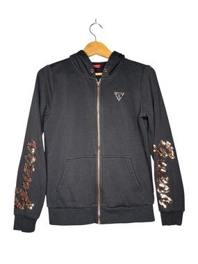 GUESS Los Angeles Black Sequin Script Logo Zip Up Hoodie Jacket Sweatshirt S